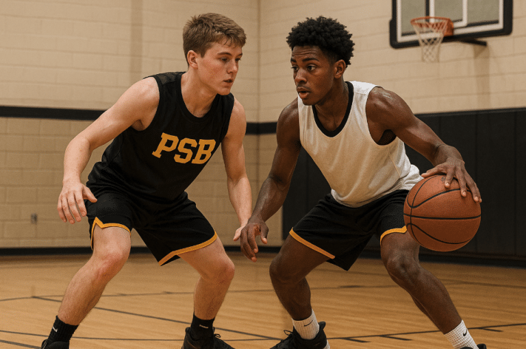 Youth basketball players doing top 5 drills for individual skill development in a gym